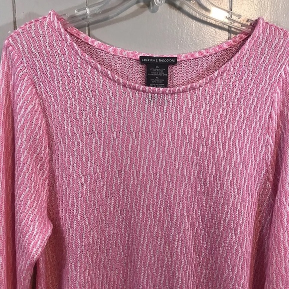 Chelsea & Theodore Pink White Knit Relaxed Fit Long Sleeve Casual Sweater - Picture 2 of 7